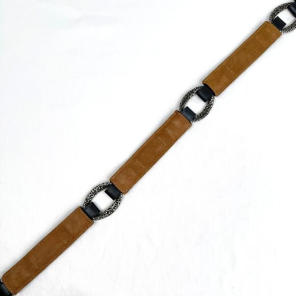 Brighton Pewter Gray Leather Belt Silver Tone Scroll Buckle Oval Concho 36 - Picture 9 of 12